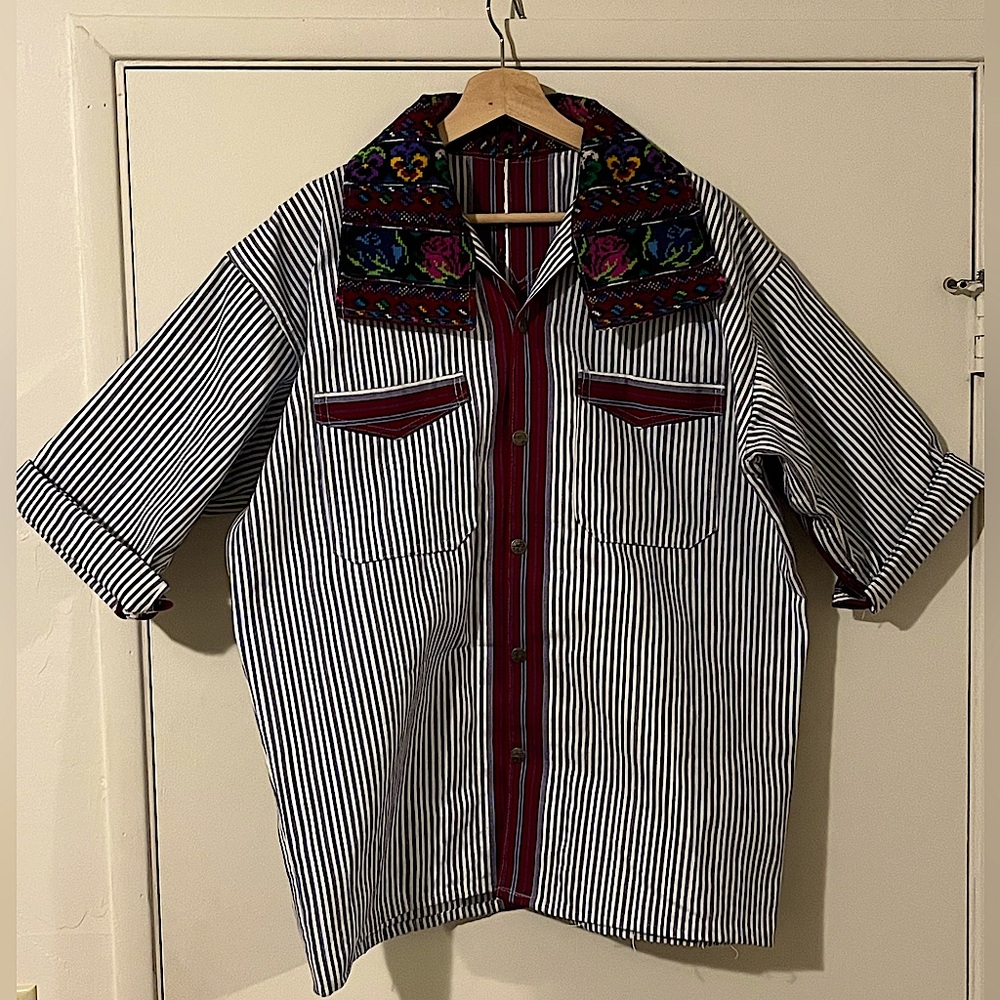 Work shirt, striped, ornate and completely unique. Handmade with corduroy collar